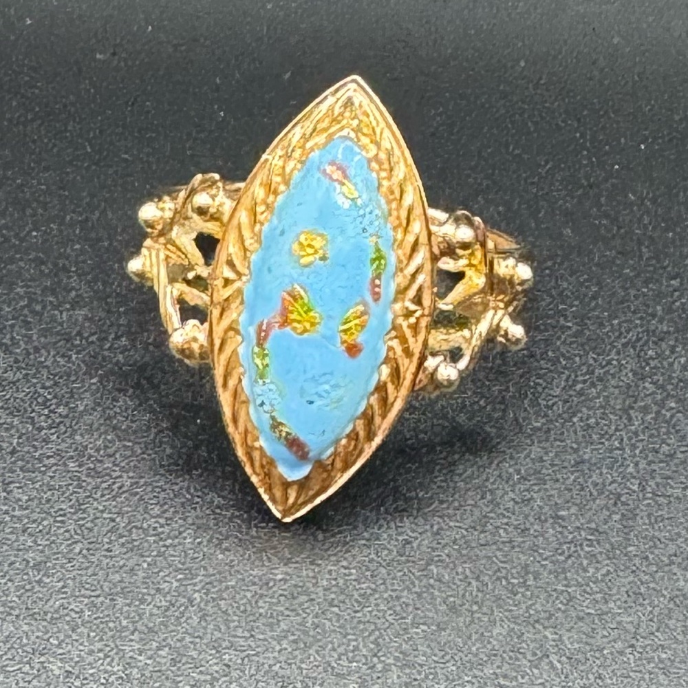 Antique 14K Gold Marquise Turquoise Enamel Ring 💎 7.5